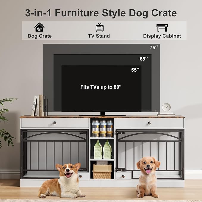 IDEALHOUSE 78.7" Double Dog Crate Furniture with Storage and 2 Doors, White | Dog Kennel Indoor with Feeding Bowls, Wood Dog Crate TV Stand for Small Medium Dogs