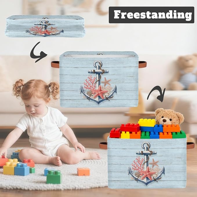 Pardick Storage Baskets Bin, Woodanchor Starfish Collapsible Canvas Fabric Storage Bin Decorative Baskets Toy Organizer Rectangle Storage Boxes with handles for Home Shelves Nursery,Q-5