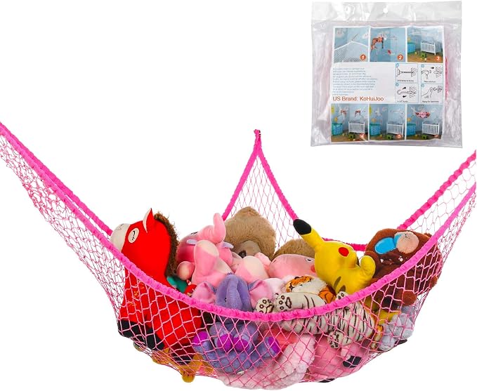 Toy Hammock for Stuffed Animals, Stuffed Animal Hammock Net Jumbo Plush Toy Storage Cornet Net 70" Wall Sling Large Teddy Bear Storage Organizer Pink