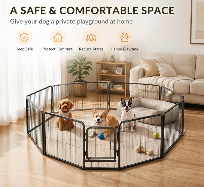 Metal Dog Playpen - 32" Height 8 Panels Foldable Exercise Pen for Dogs Indoor/Outdoor Pen with Door for Pet Animals Portable Pet Playpen Polygon Dog Enclosure (Black)