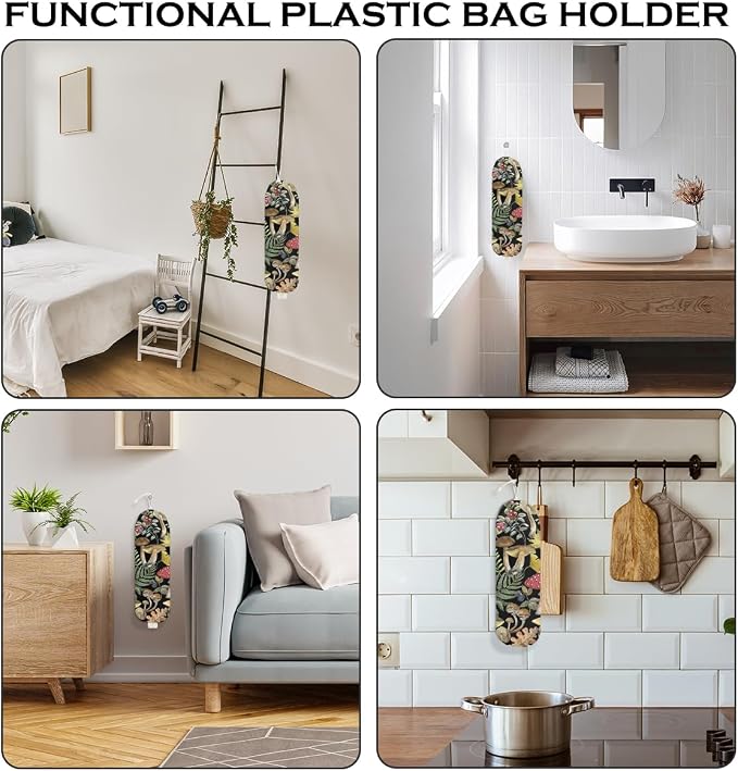 Mushroom Plastic Bag Holder for Kitchen Essential, Mushroom Gifts for Women | Wall Mount Grocery Bag Holder for Plastic Bags, Summer Leaves Reusable Shopping Bags Storage Dispenser for Home Kitchen