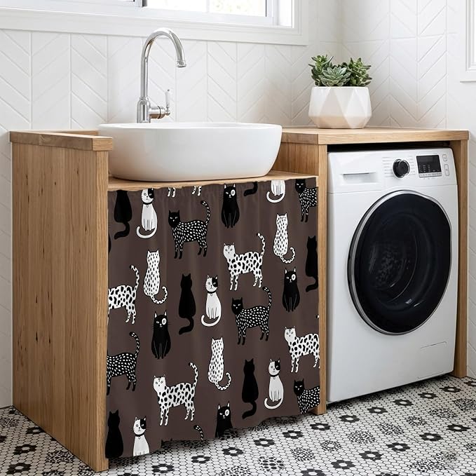 Cat Animal Cabinet Curtain 35"Wx35"L, Dustproof Under Sink Skirt with Self Adhesive Tape, Black White Earthy Tone Vintage Pet Cabinet Curtain Cover for Kitchen Sink, Bathroom Vanity, Laundry Room