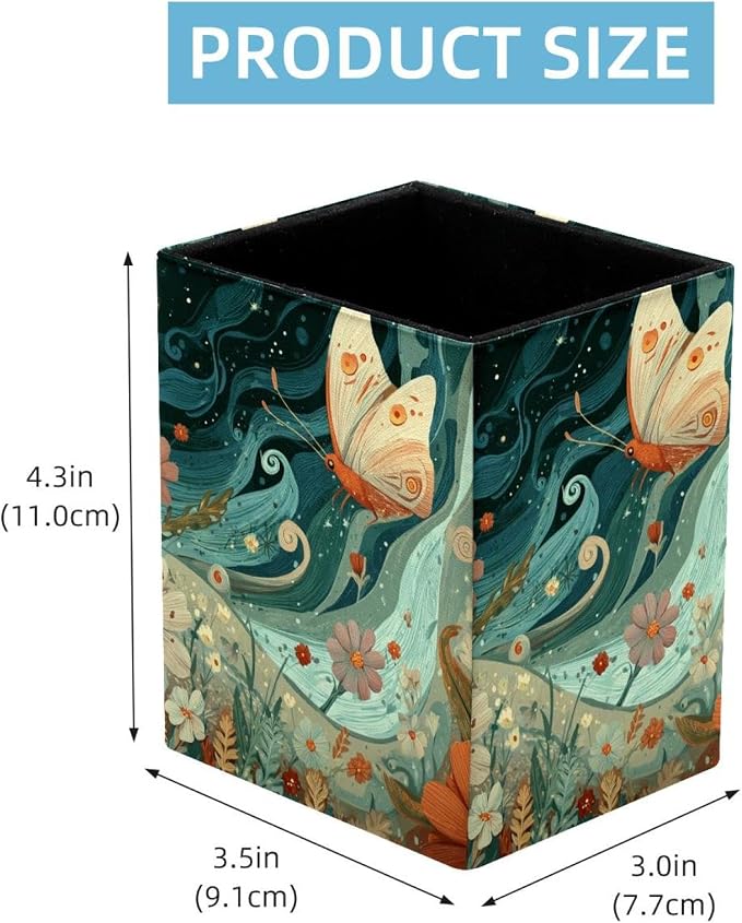 Butterfly Pen Holder for Desk Decor, Rectangular PVC Leather Pencil Cup for Desk Pen Organizer, Makeup Brush Holder for School, Home, Office