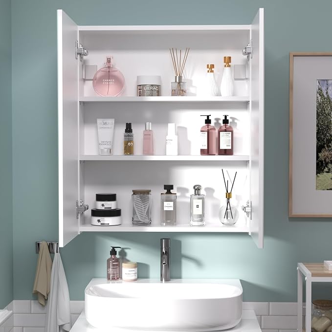28x24 inch Bathroom Wall Cabinet, Saver Storage Cabinet, Medicine Cabinet with 2 Door and Adjustable Shelves, White（Assembly Required）