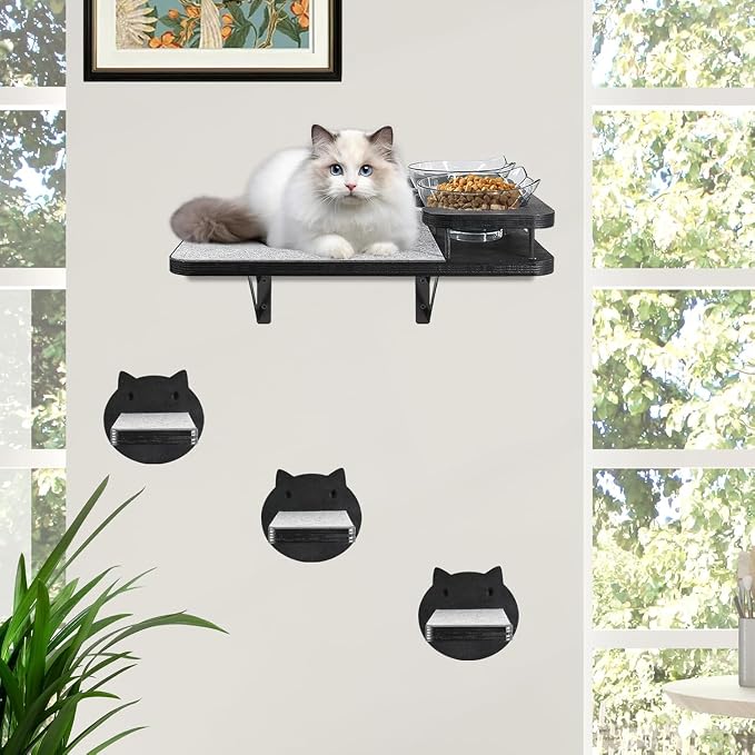 Cat Wall Shelves Furniture Set with 2 Food Bowls, Wooden Cat Climbing Wall Systems with Scratching Pad and 3 Steps, Floating Shelves Bed Perches Wall Mounted for Indoor Fit Up to 15Lbs (Black)