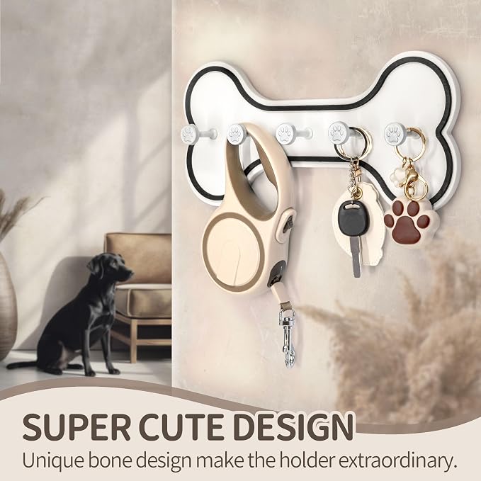 MTERSN Dog Leash Holder for Wall with Bone Shape, Entryway, Black & White