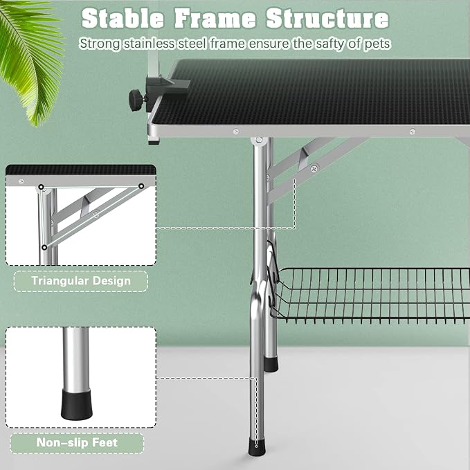 46'' Stainless Steel Pet Dog Grooming Table, Arm/Noose/Tray, Black | Foldable Dog Grooming Table for Dogs at Home, Adjustable Height Arm, Non-Slip Waterproof Tabletop, Capacity 330Lb