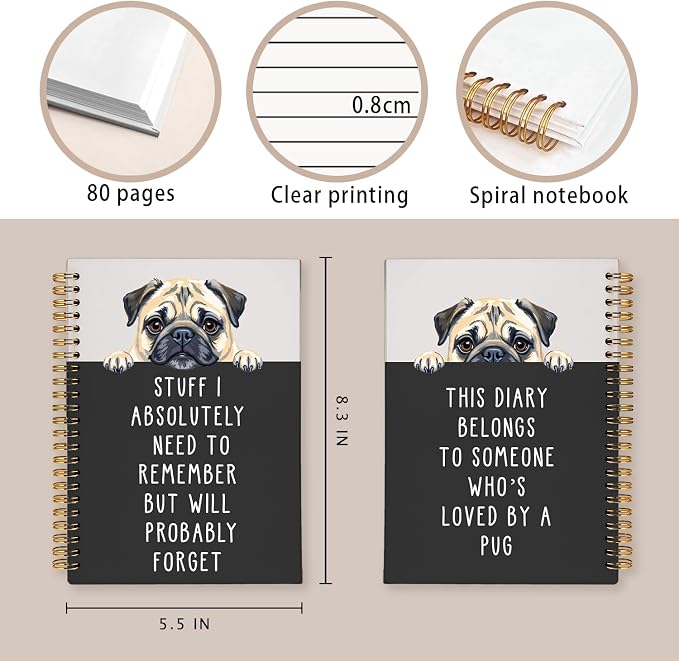LIANGW Funny Pug Notebook Journal Gifts for Women & Men | Gifts for Pug Lovers Notebooks for Women, Funny Human Resources Gifts Journal for Coworkers, Spiral Notebook 5.5x8.3 Inch