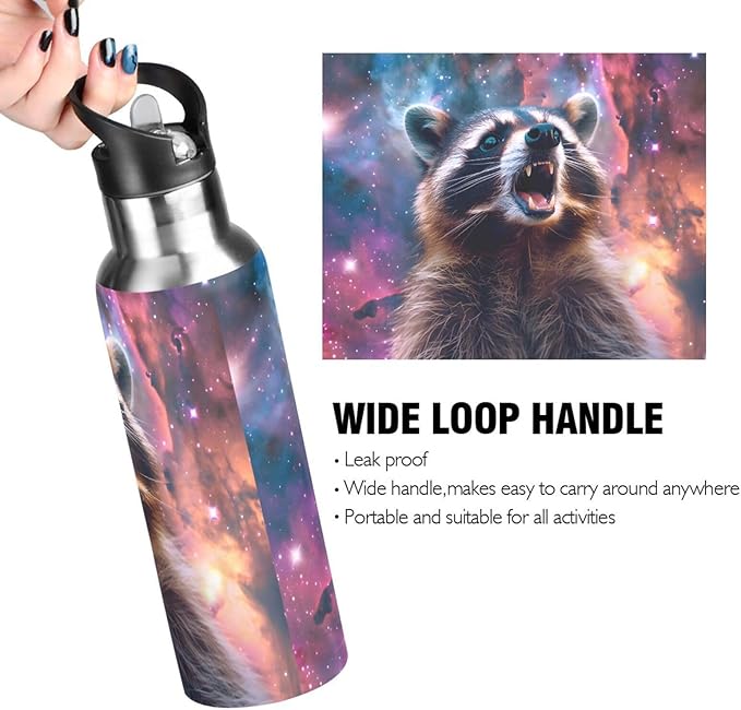 Raccoon with Galaxy Water Bottle with Straw Lid Kids Insulated Stainless Steel Water Flask Sports, 20 Oz Hot Cold