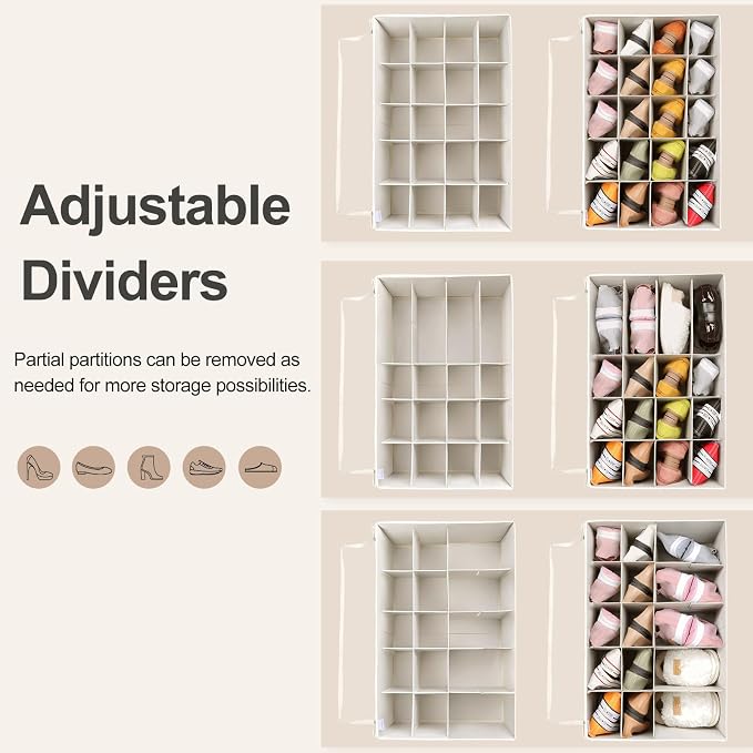 Shoe Organizer for Closet 2 Pack, Foldable Shoe Box with Adjustable Divider and Clear Cover, Space Saving Shoe Storage Organizer Cabinet with Reinforced Handles, Fits 40 Pair, Beige, TP11Y