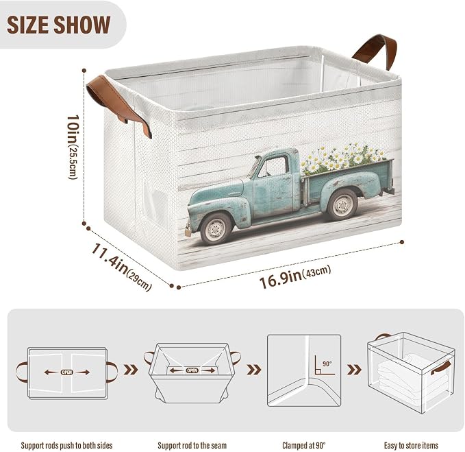 Vintage Truck with Daisies Wood Grain Storage Bins for Shelves with Labels&Handles Fabric Organizer Bin Foldable Rectangle Storage Basket Boxes for Closet, Bathroom, Home, Living Room, 2 Pack