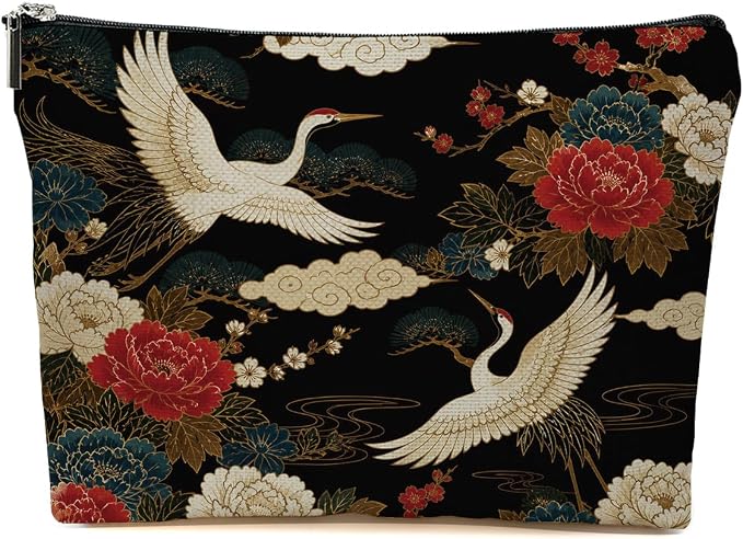 Vintage Oriental Cranes Makeup Bag Chinoiserie Floral Bird Cosmetic Bag | Travel Toiletry Bags, Toiletry Organizer Pouch Christmas Birthday Gifts for Women Mom Sisters Daughters Friends Bird Lover
