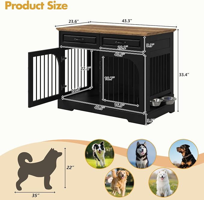 Merax 43.3" Farmhouse Dog Crate Furniture with Rotating Bowls & Drawers – Wooden Indoor Pet Kennel Side Table with Metal Bars – Stylish Dog House for Medium to Large Breeds, Black & Brown