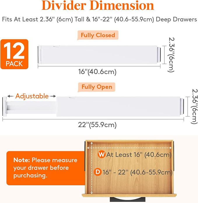 Lifewit 2.36" Upgrade Kitchen Drawer Dividers, Adjustable Drawer Organizer | 12 Pack 16"-22" Expandable White Drawer Separator for Clothes/Utensils, Dresser/Cabinet/Closet/Nursery Organization & Storage