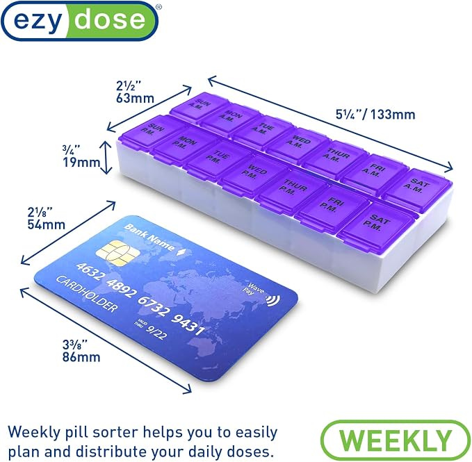 EZY DOSE Weekly AM/PM Daily Pill Case, Medicine Planner, Vitamin Organizer, Fish Oil Holder, Supplements Container, Medium Compartments, 2 Times a Day, Color May Vary (Randomly Selected), BPA Free