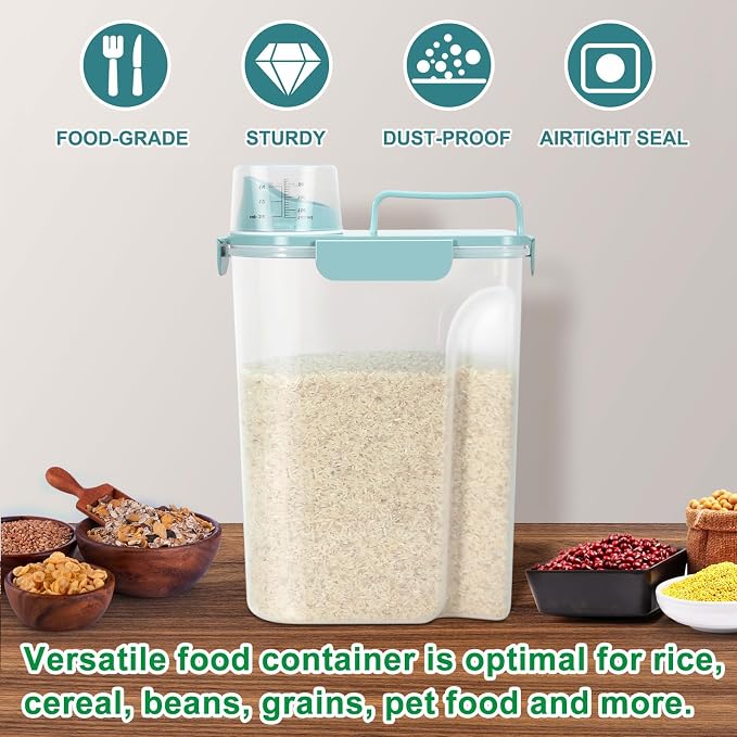 TBMax Airtight Rice Container 10 Lbs Cereal Dispenser, Small Pet Cat Dog Food Storage Container, Plastic Kitchen Pantry Food Storage Holder with Cup -Light Blue