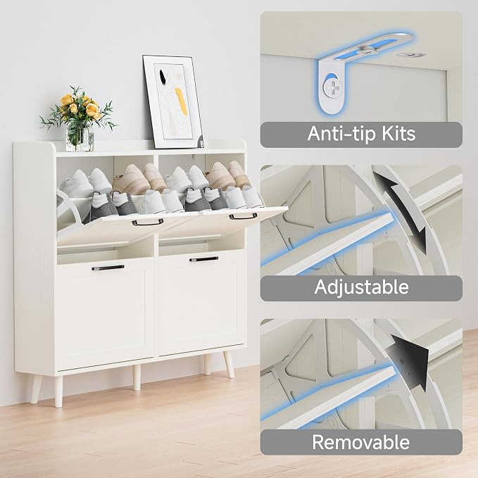 Shoe Storage Cabinet with 4 Flip Drawers, Freestanding Shoe Organizer with Adjustable Shelf & Anti-Tipping Device, Hidden Shoe Rack for Entryway, Hallway, Foyer, Lounge（White）