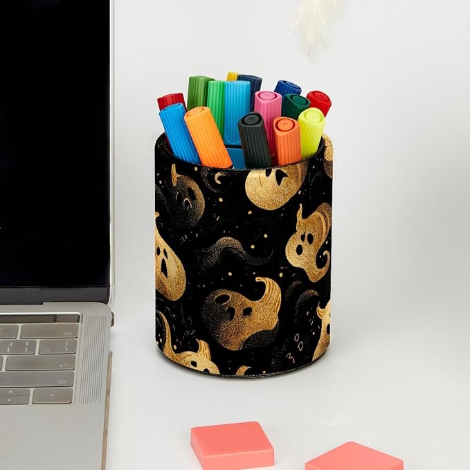 Faux Leather Pen Holder for Desk, Pencil Organizer Halloween Pumpkin Pen Cup Desk Decor Makeup Brush Holder Storage for Office Home