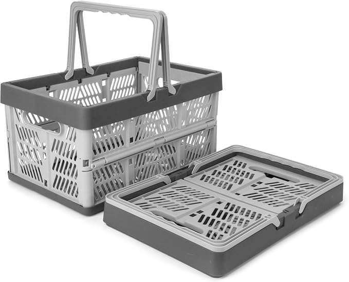 Domiella 2-Pack Foldable Storage Baskets, 20L Collapsible Crates PP Grey | Comfortable carry handles, space-saving design, sturdy PP construction for home storage shopping camping and picnics