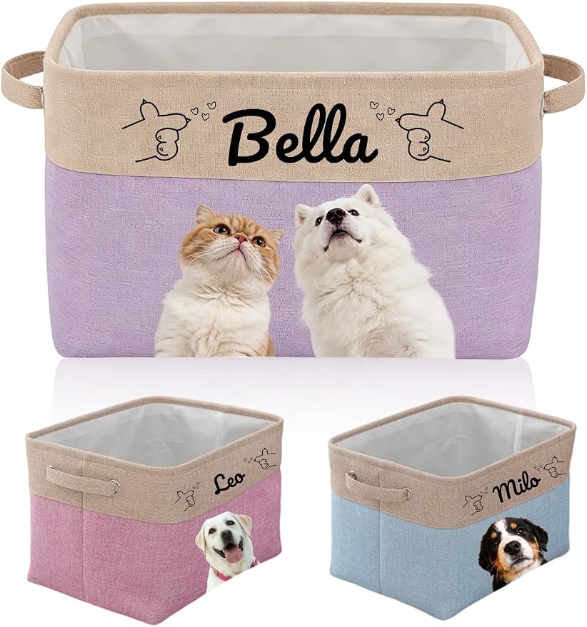 Personalized Dog Toy Storage Basket Bin with Pet's Name & Photo, Custom Collapsible Rectangular Organizer for Dog Cat Toys, Clothes, Blankets & Pet Supplies (Purple)