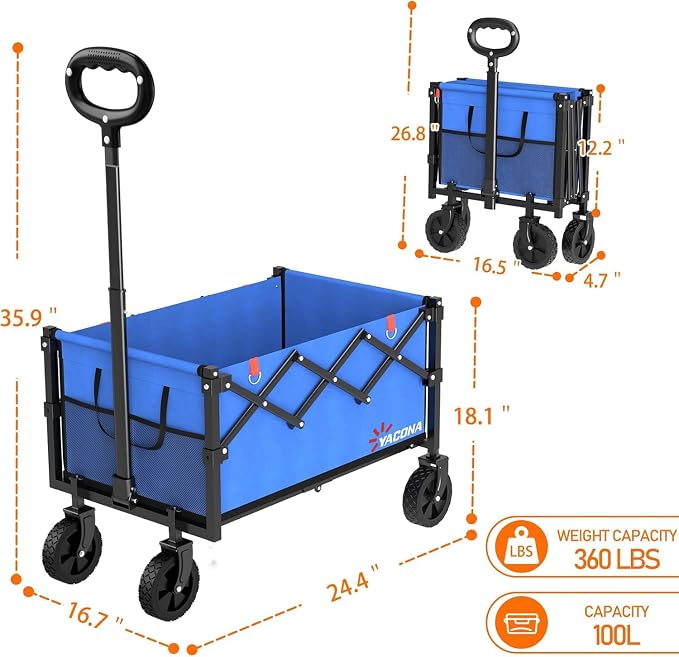 Yozoia Wagons Carts Foldable,Utility Beach Grocery Wagon with Wheels,Blue | Foldable, Lightweight, Portable, Simple Installation, for Camping Shopping Beach Garden Sports