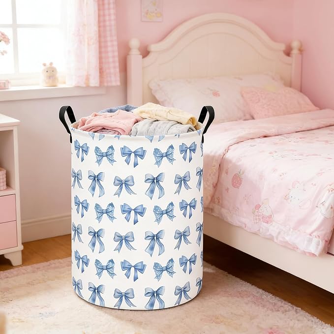 Bowknot Storage Bin Foldable Nursery Organizer Basket | Foldable with Waterproof PE Coating Organizer Bin for Kids Boys and Girls,Office,Bedroom,Clothes