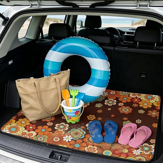 Howilath Retro Orange Floral Trunk Mats for Cars All Weather SUV Cargo Liner Durable Non-Slip Trunk Mat Universal Rear Cargo Protection Vehicle Interior Accessories 29"x39"