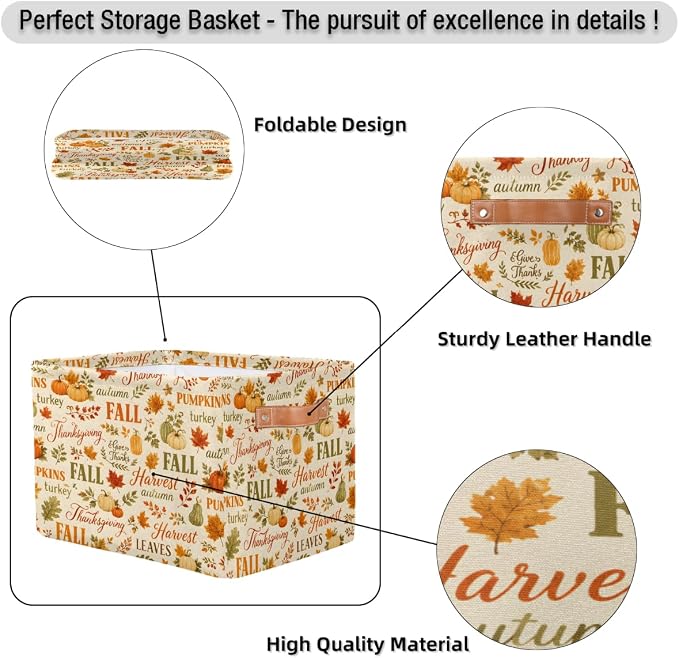 Fall Autumn Basket Storage Bins Rectangle Canvas Basket Cube Storage Box | Nursery Foldable Basket with Handle for Kids Girls Boys Toys Living Room Closet Organizer Shelf Gifts Thanksgiving Pumpkin