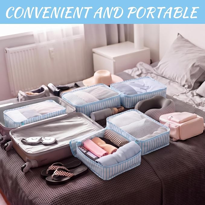 Silkfly 8 Pcs XL Packing Cube for Travel Luggage,Stripe,Blue, White | 17.7 x 13 x 4.7, Same Size, Blue White Stripe Suitcase Storage Organizer Set, Reusable Mesh Clothes Cube for Camp Family