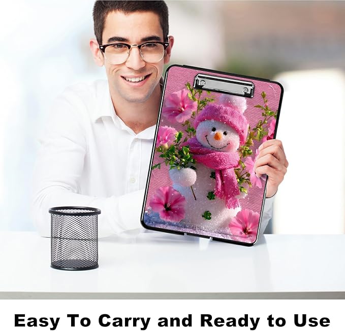 Heavy Duty Storage Clipboard, Slim Nursing Clipboard with Internal Pen Case, Portable File Organizer Case for A4 Letter Size Paper Office Medical Professionals, Pink Flower Snowman