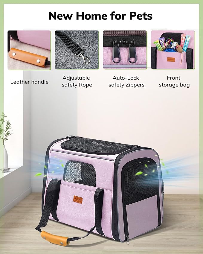 Morpilot Cat Carrier Soft for Large Medium Cats and Puppy up to 20lbs | with Dual-Sided Cushion, Secure Buckle and Foldable Bowl, Dog Carriers for Small Dogs - Pet Carrier (Pink)
