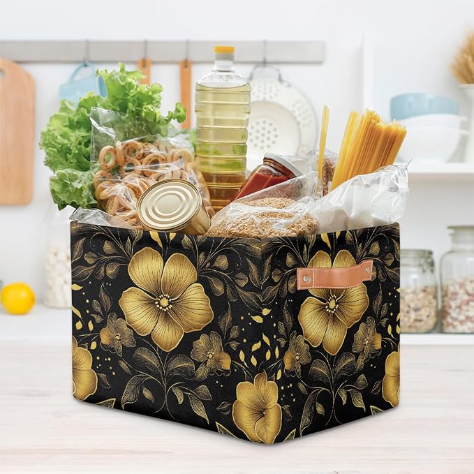 Rectangular Storage Basket Foldable Fabric Storage Bin Toy Baskets Organizer for Shelves Closet Bedroom Home Office, (Black Gold Flower)