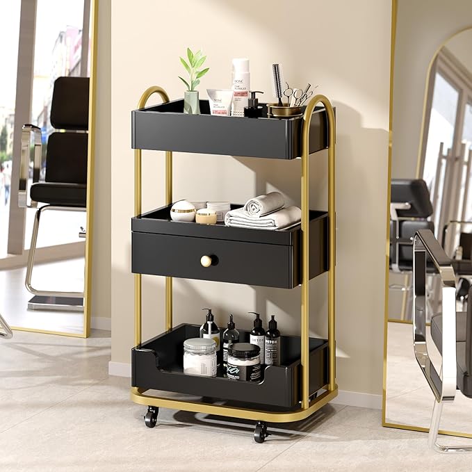 OmySalon Salon Trolley Cart, Hair Styling Station with 3 Trays & 1 Drawer, 2 Lockable Wheels, Esthetician Cart Mobile Storage Cabinet for Beauty Spa Barbershop, Black