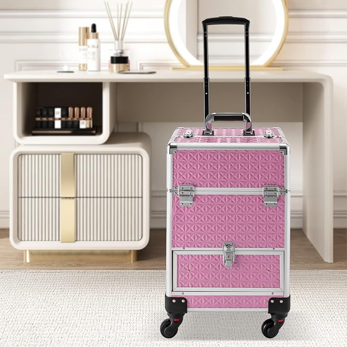 Rolling Makeup Train Case with Drawers, Cosmetic Travel Trolley, Storage Sliding Drawer 4 Tray Cosmetics Beauty Organizer Lockable Luggage Trolley w/ Wheels for Makeup/Nail Art/Hair Styling (Pink)