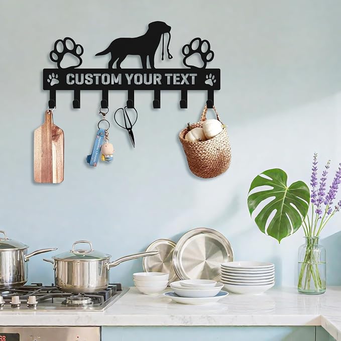 Personalized Dog Leash Holder for Wall, Custom Pet Key Hook Rack | Dog metal leash holder for wall with custom text, keeps keys, collars and leashes organized, ideal pet lover gift