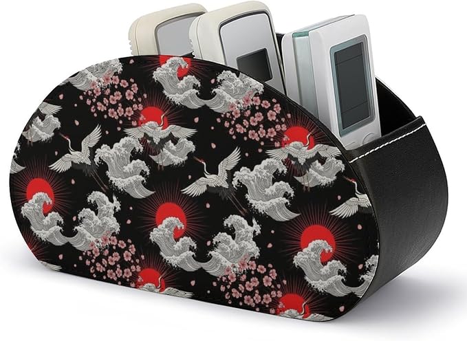 5 Compartment Remote Control Holder Ocean Cherry Floral Storage Caddy Box | Desktop Organizer, Vintage Crane Animal Red Sun Ocean Great Wave Anime Japanese Cherry Floral Blossom, for Media Player