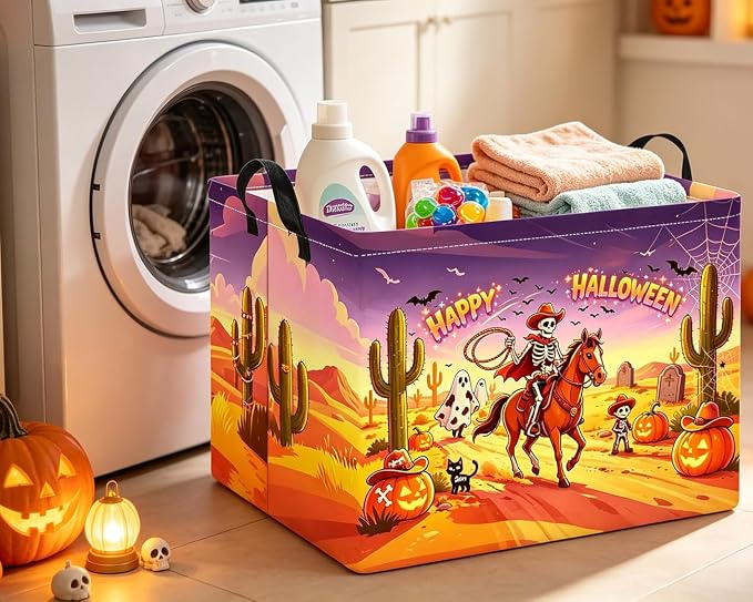 Rectangle Storage Basket with Handles,Collapsible Storage Bin,Books Box,Gift Basket(Cowboy Halloween)
