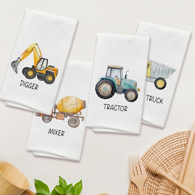 Construction Vehicles Kitchen Towels and Dishcloths Set of 4, Decorative Kids Hand Towel Drying Cloth for Bathroom, Gift for Boys, 16x24 Inches -01