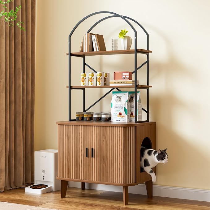 66" Cat Litter Box Enclosure,Hidden Litter Box Furniture with Shelves,Wooden Cat Washroom and Pet House with Sliding Tambour Door for Living Room,Walnut