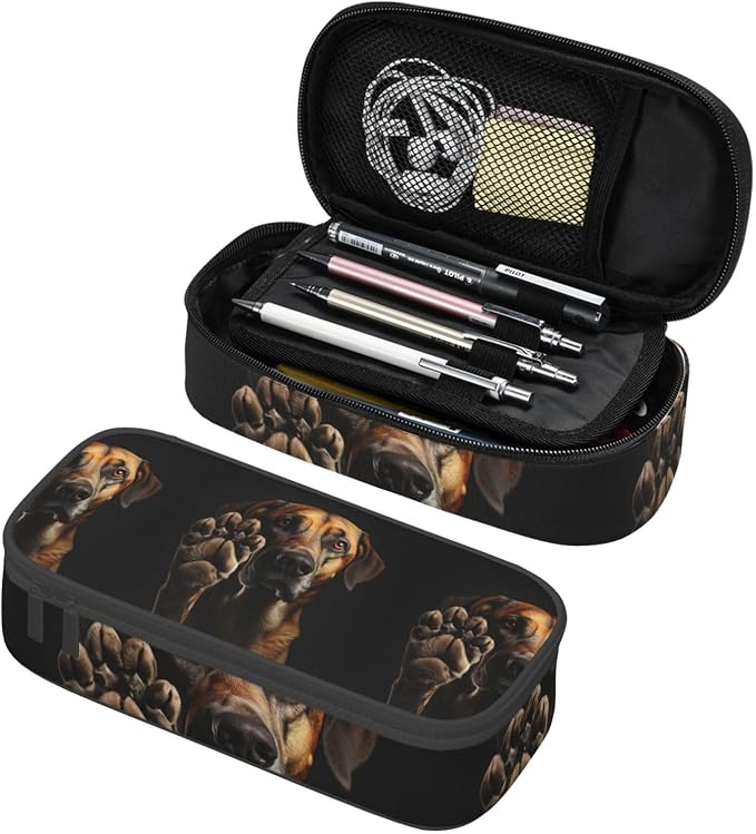 Dog Animal Pet Paw Print Large Capacity Layered Pencil Pouch, Zipper Storage Bag with Mesh Pocket & Pen Slots