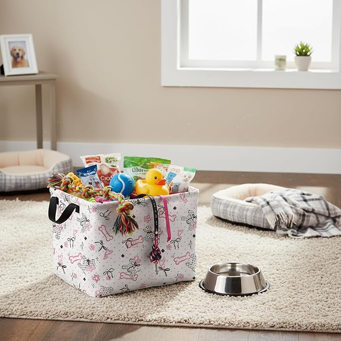 Kid Dog Toy Basket, Pink Bone Black Bow | Rectangular, Collapsible Storage Bin, Baby Room Decor, Nursery Gift Basket