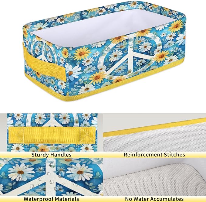 Peace Sign Daisy Bathroom Storage Basket, Foldable with Handle Open Countertop Paper Towel Decorative Box, Toilet Tank Top Shelf Baskets for Home Closet Bedroom Living Room Office
