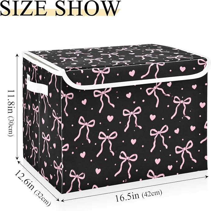 Bow Heart Storage Bins with Lids Closet Bedroom 40L Fabric Bin | Decorative Storage Boxes, Foldable & Stackable, Dust-Proof Flip Top, Reinforced Handles, For Home & Dorm, Clothes & Toy Box