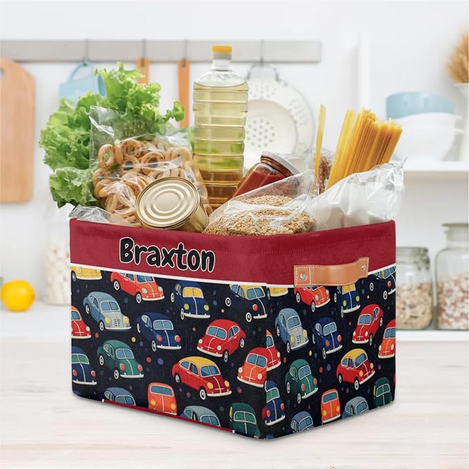 Personalized Foldable Storage Basket with Name, Laundry Hamper Dirty Clothes Pet Toys Storage Bin with Handles for Shelf Home Closet Kitchen, Colorful Car Pattern