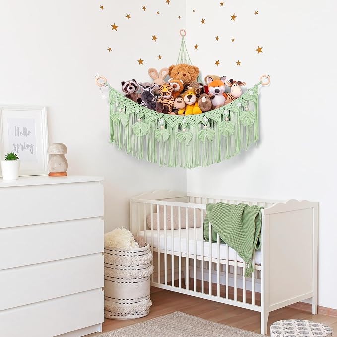 Macrame Stuffed Animal Storage with Star Light, Corner Hammock for Nursery | Corner Hanging Stuffed Animal Net Organizer for Girls' Room, Plushies Toy Wall Hanging Display Holder, Kid Gift
