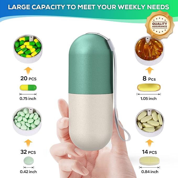 Zannaki Upgrade Large Compartment Grain Fiber Moisture Proof Cute Weekly Pill Organizer, Laser Carving Markings, BPA Free Travel Hiking 7 Day Pill Box Case to Hold Pills,Vitamins,Fish Oil,Supplements
