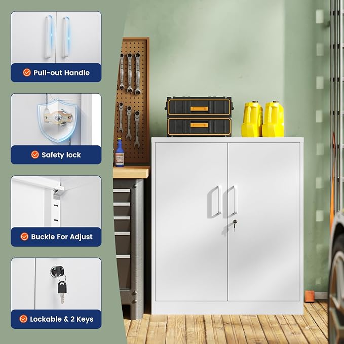 Metal Garage Storage Cabinet with 2 Doors and 2 Adjustable Shelves - 35.5" Steel Lockable File Cabinet for Home Office,Garage,Gym,School (White)
