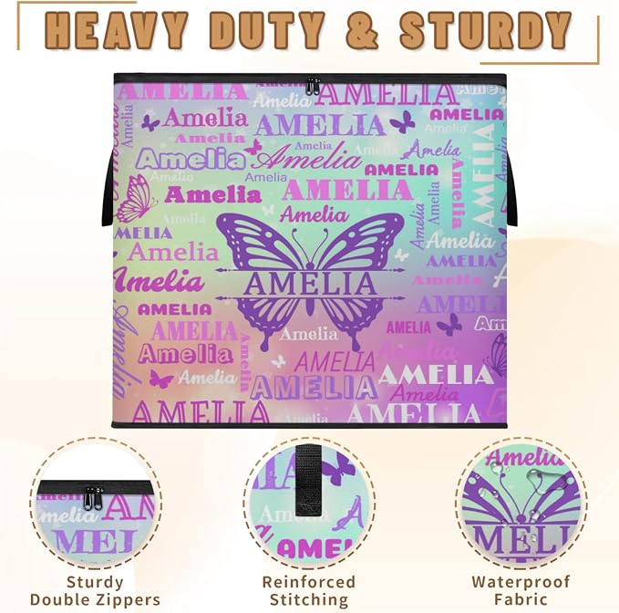 Custom Name Large Clothes Storage Organization with Lids, Shelf Basket, Bedding Clothes Towel Storage Bin for Nursery, Gift Basket, Pet Basket, Coloful Gradient Galaxy Purple Green with Butterfly