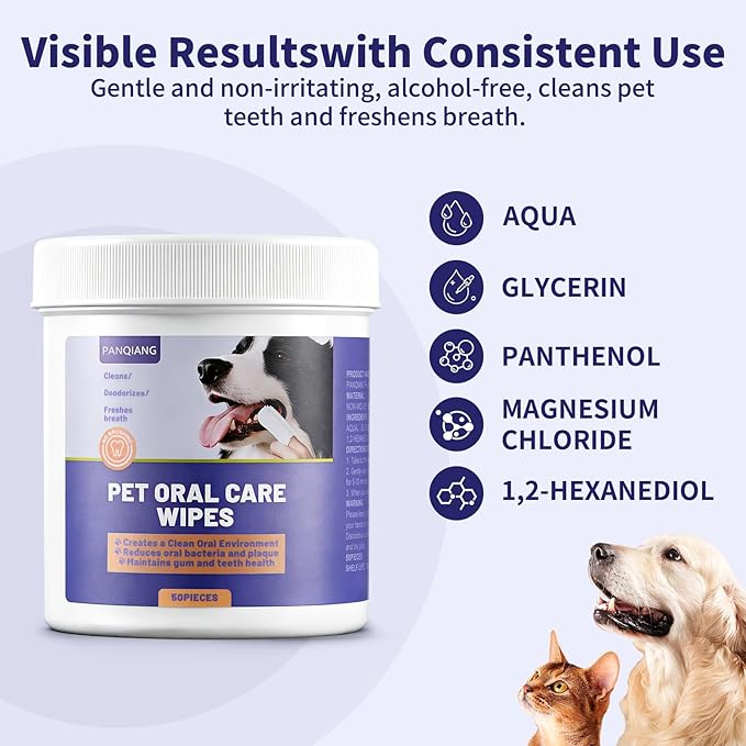 Dog & Cat Teeth Cleaning Wipes – Dog Breath Freshener & Dental Wipes for Dogs Teeth, No-Rinse Toothbrush & Toothpaste Alternative, Cat Dental Care, Puppy Tooth Brushing Kit (50 Count)