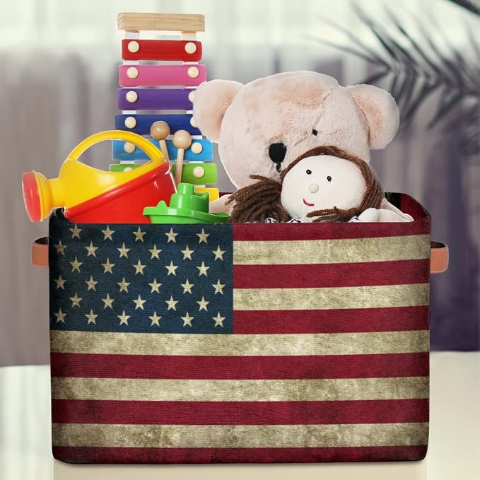 Pardick Storage Basket American USA Flag, Large Foldable Organizer Storage Bins for Shelves, Sturdy Canvas Cubes Storage Boxes with Handles for Toys Closet Nursery Office Living Room 15" x 11" x 9.5"
